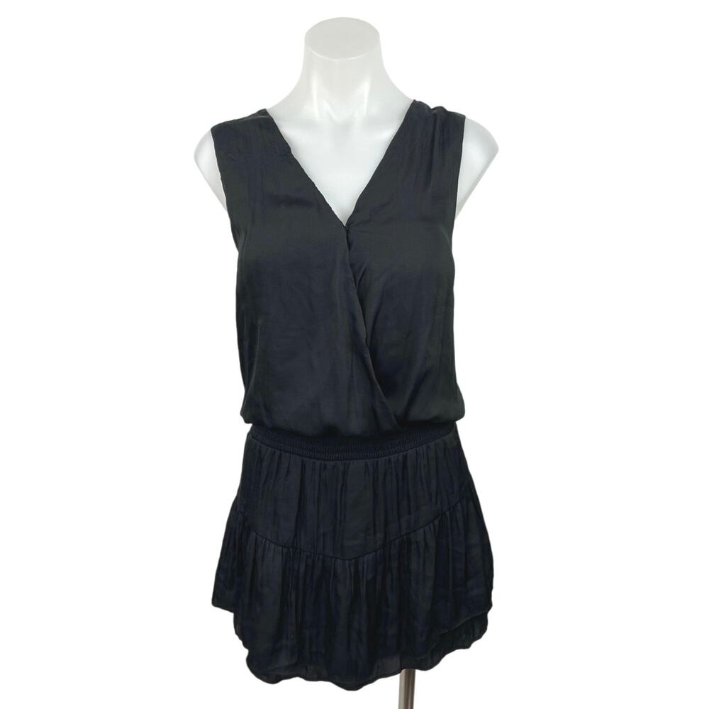 Fab'rik Black Sleeveless V-neck Faux Wrap Smocked Blouson A-Line Mini Dress L